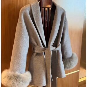 Elegant Gray Women's Coat with Fur Trim